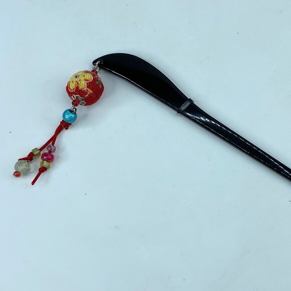 Rare Japanese Lacque black wooden Chirima ball crystal blue bead hairpin GS515 main image 8